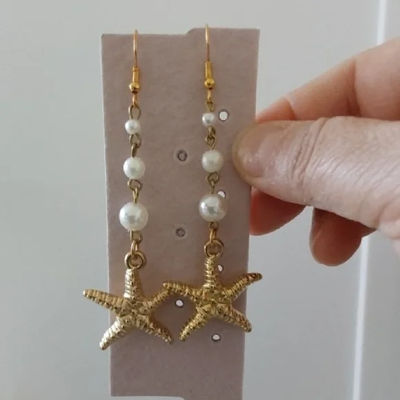 Gold Starfish Dangle Earrings - Picture 1 of 4